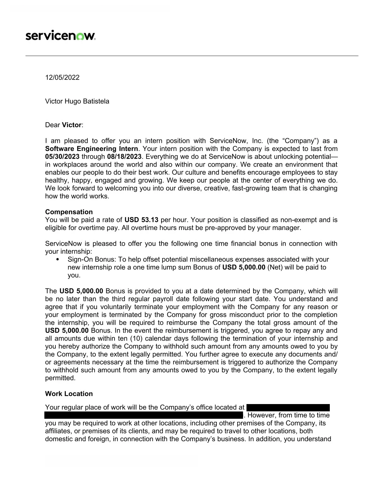 ServiceNow offer letter